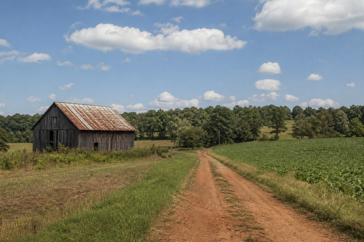 Rolling Piedmont farmland with a tobacco barn and a red clay farm lane south of Farmville, Virginia