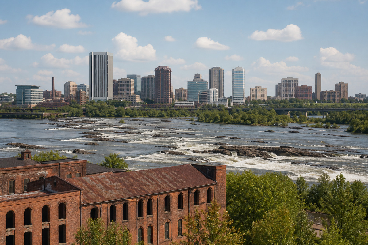 The Richmond skyline above the James River rapids, with a brick warehouse block in the foreground