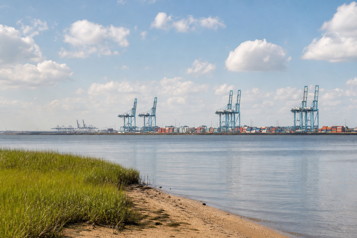 Container cranes and tidal water at the Port of Virginia in Norfolk, with a low marsh shoreline in front