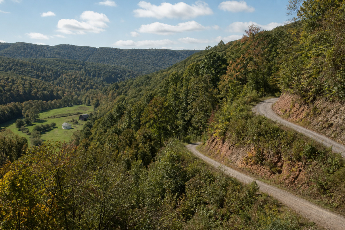 A gravel road switchbacking up a wooded Southwest Virginia mountainside with a farm in the hollow below